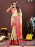 Lorenvalley Fashion Cream Kanjivaram Silk Woven Design with Zari Weaving Saree