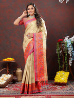 Lorenvalley Fashion Cream Kanjivaram Silk Woven Design with Zari Weaving Saree