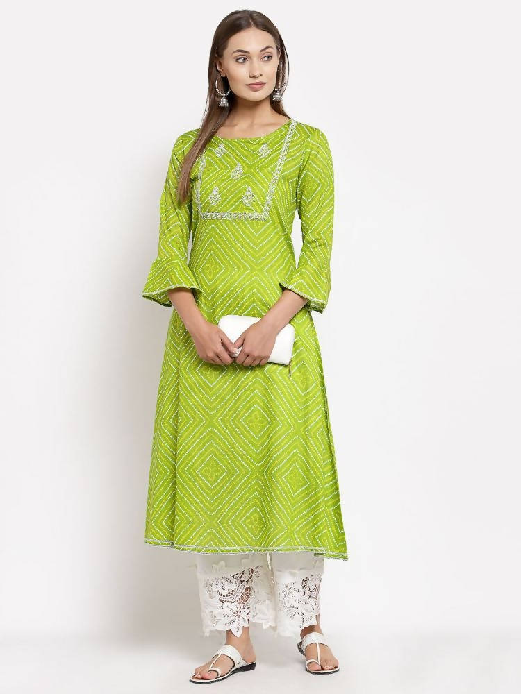 Myshka Women's Green Cotton Printed Full Sleeve Round Neck Casual Dress