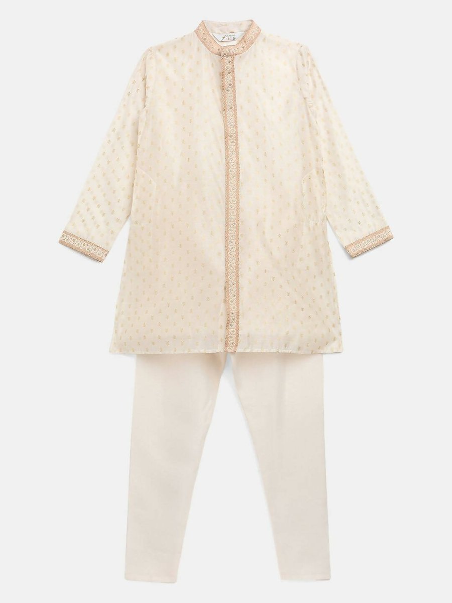 Ahalyaa Cream Chanderi Gold Print Kids Kurta Churidar Set For Boys