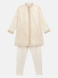 Ahalyaa Cream Chanderi Gold Print Kids Kurta Churidar Set For Boys