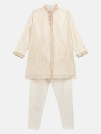 Ahalyaa Cream Chanderi Gold Print Kids Kurta Churidar Set For Boys