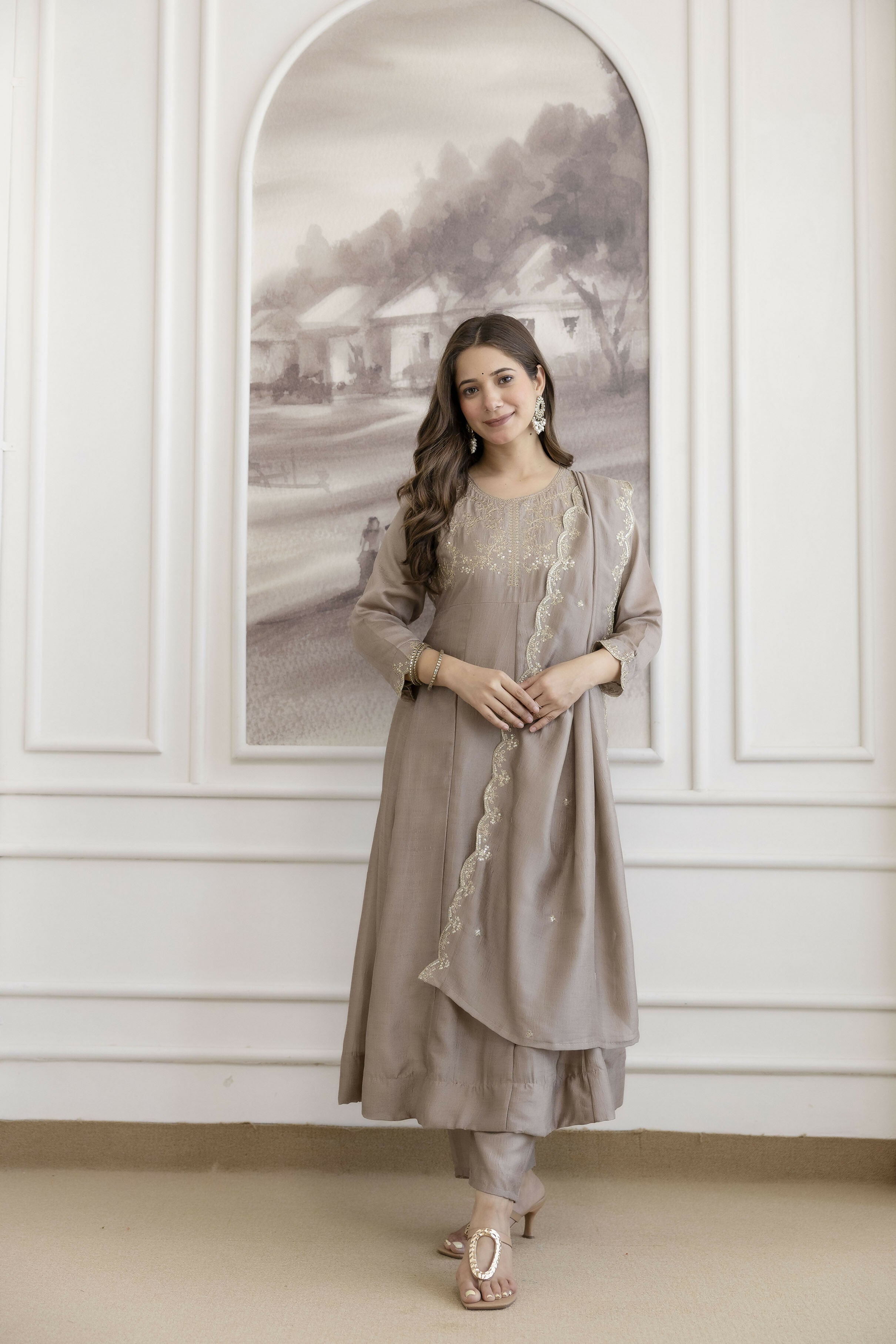 The52 Chiku Women's Beautiful Vichitra Silk Fabric Embroidered Work Flared Anarkali Pant and Dupatta Set - Distacart