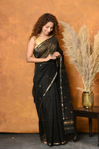Very Much Indian Handloom Pure Cotton Silk Saree With Sleek Golden Border - Black