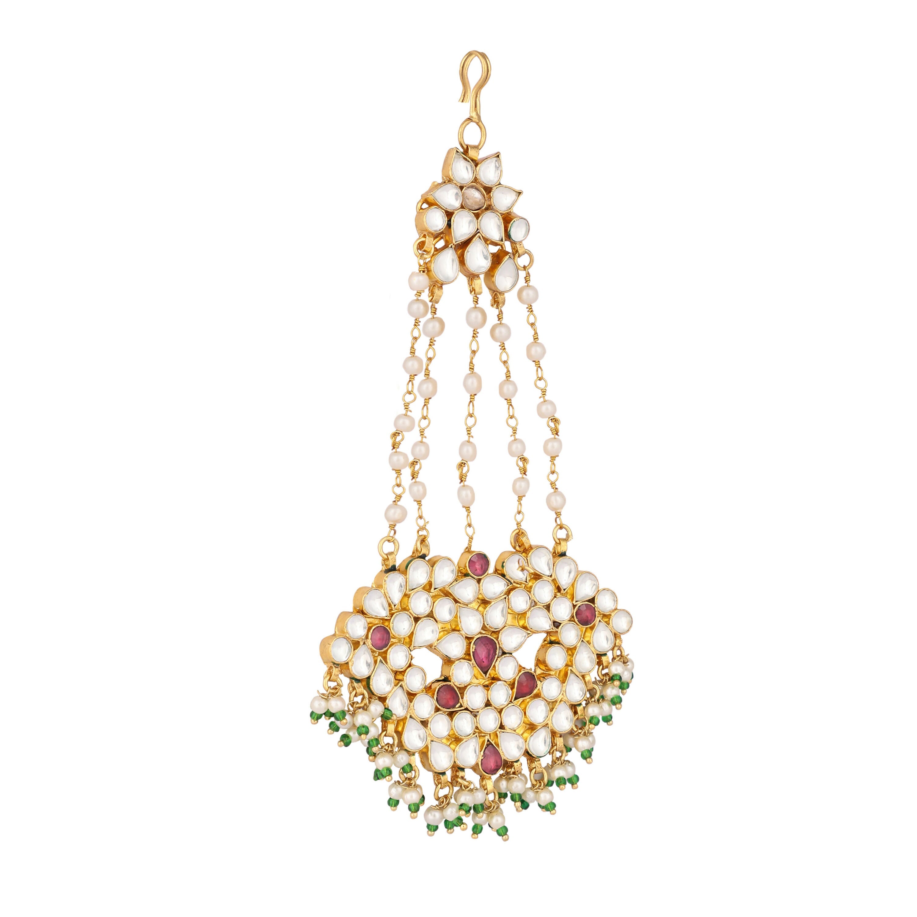 Nuyug 22K Gold-Plated Kundan & Red Stone Studded Jhumar Paasa Head Jewellery - Distacart