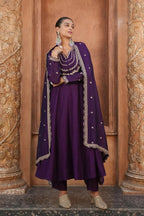 The52 Wine Women's Gorgeous Vichitra Silk Fabric Embroidered Work Flared Anarkali Pant and Dupatta Set - Distacart