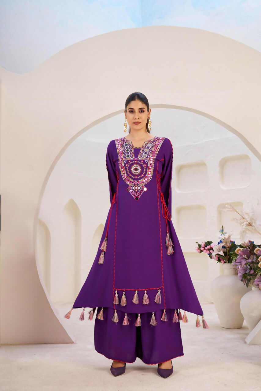 The52 Women's Gorgeous Rayon Fabric Thread Work Straight Kurta Palazzo Set - Distacart