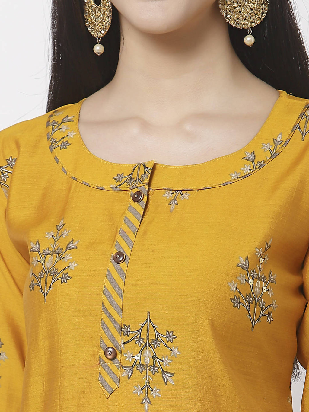 Myshka Mustard Viscose Printed 3/4 Sleeve Round Neck Kurta Pant Dupatta Set