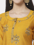 Myshka Mustard Viscose Printed 3/4 Sleeve Round Neck Kurta Pant Dupatta Set