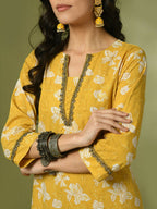 Myshka Women's Yellow Printed Cotton Straight Party Kurta Set With Dupatta