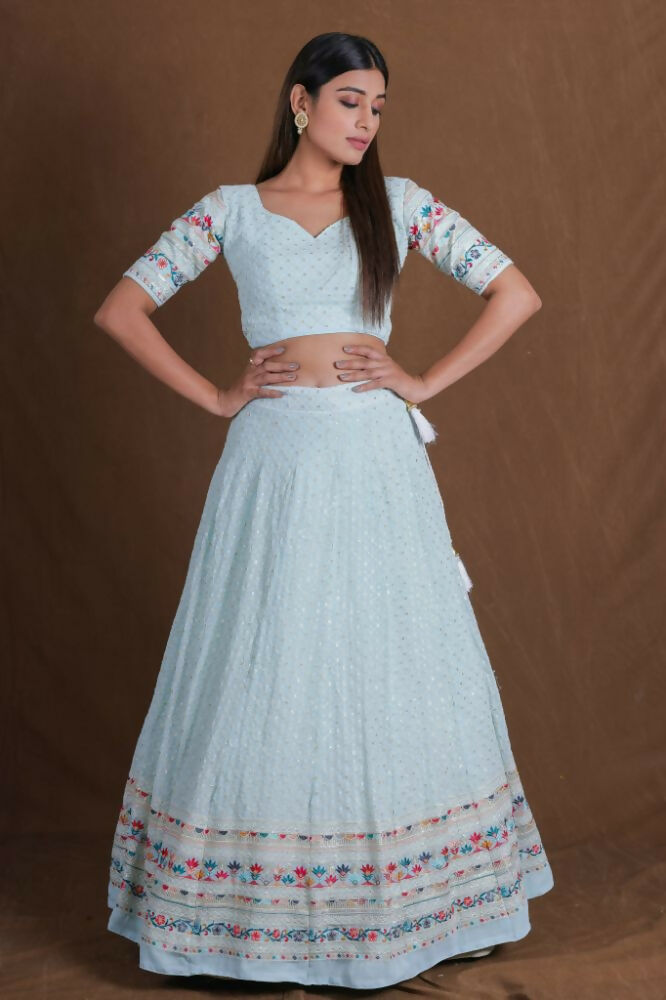 Skyblue Georgette Multicolor Thread Embroidery Work Lehenga Choli - Jihu Culture