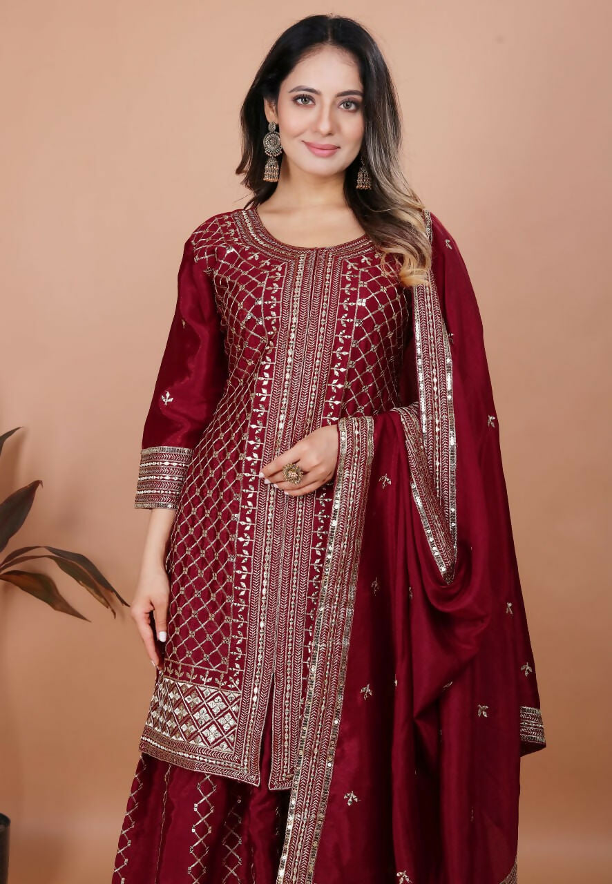 Teeya Creation Maroon Color Chinon Silk Embroidery Work Palazzo Set - Distacart