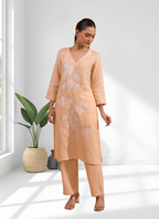 Joban Fashion Coral Linen Embroidered Readymade Long Kurta With Pant - Distacart