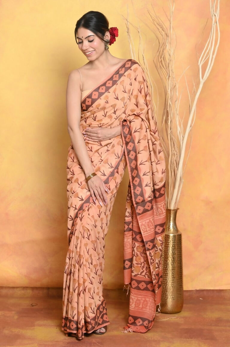 Very Much Indian Designer Modal Silk Saree With With Beautiful Floral Print - Light Orange - Distacart