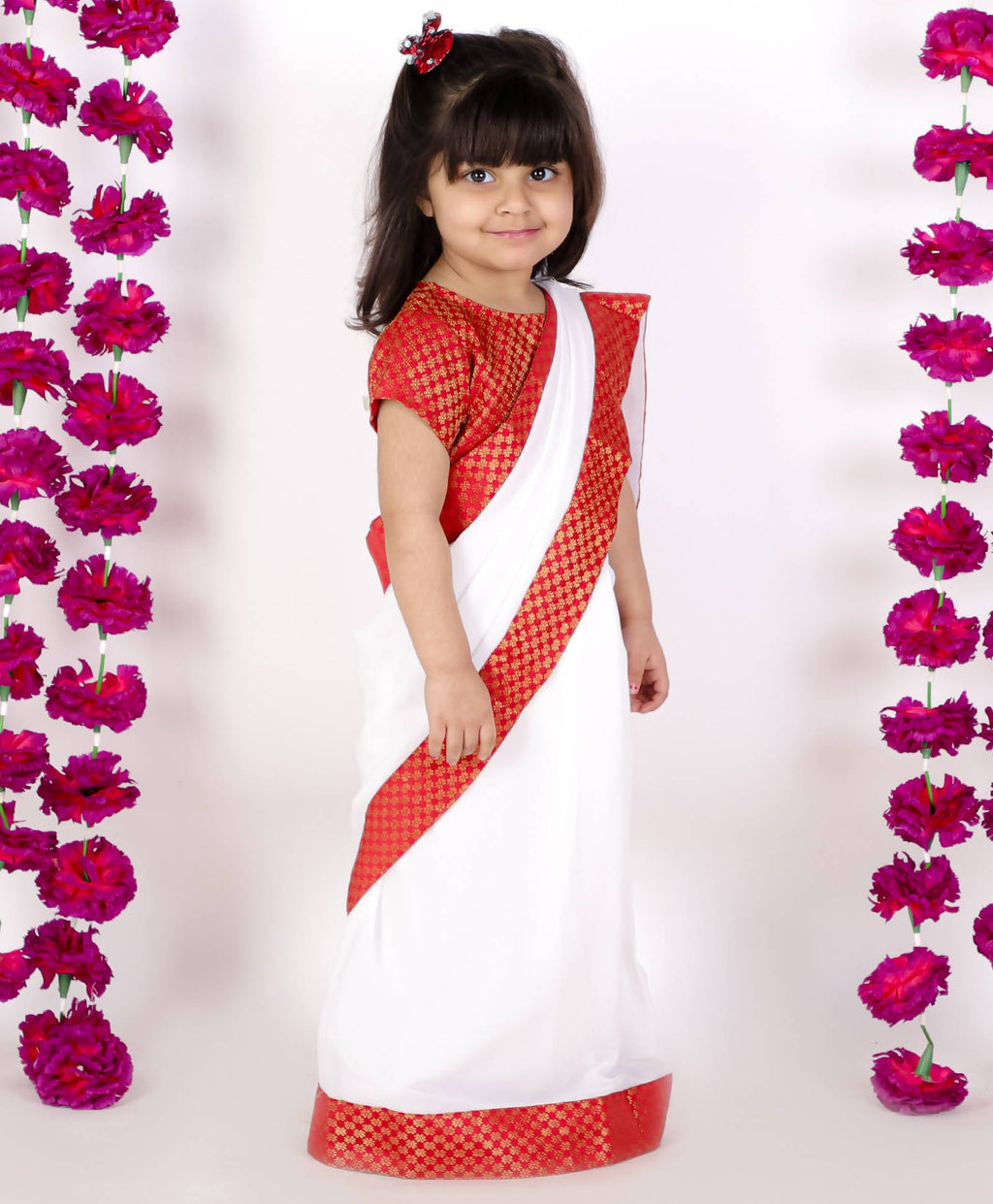 Little Bansi Girls Red And White Color Bengali Saree With Floral Brocade Blouse