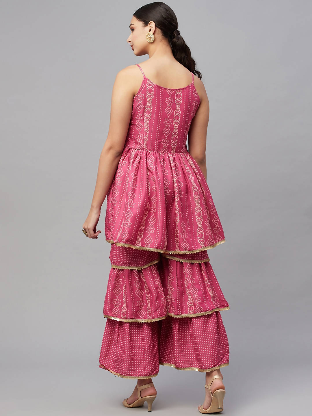 Myshka Pink Printed Sleeveless V Kurti Sharara Set - Distacart