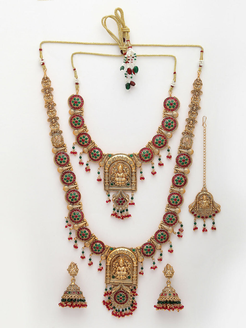 NVR Women's Set of 2 Gold-Polished Green & Red Stone Studded Lakshmi Design Temple Jewellery Set with Maangtikka