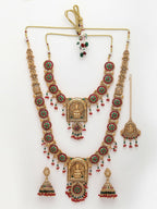 NVR Women's Set of 2 Gold-Polished Green & Red Stone Studded Lakshmi Design Temple Jewellery Set with Maangtikka