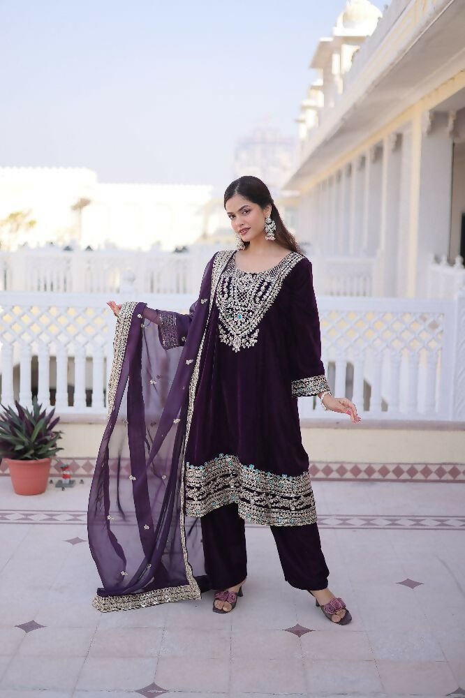 Joban Fashion Wine Kurta Set Velvet Sequins , Zari, Coding & Thread Embroidered work - Distacart