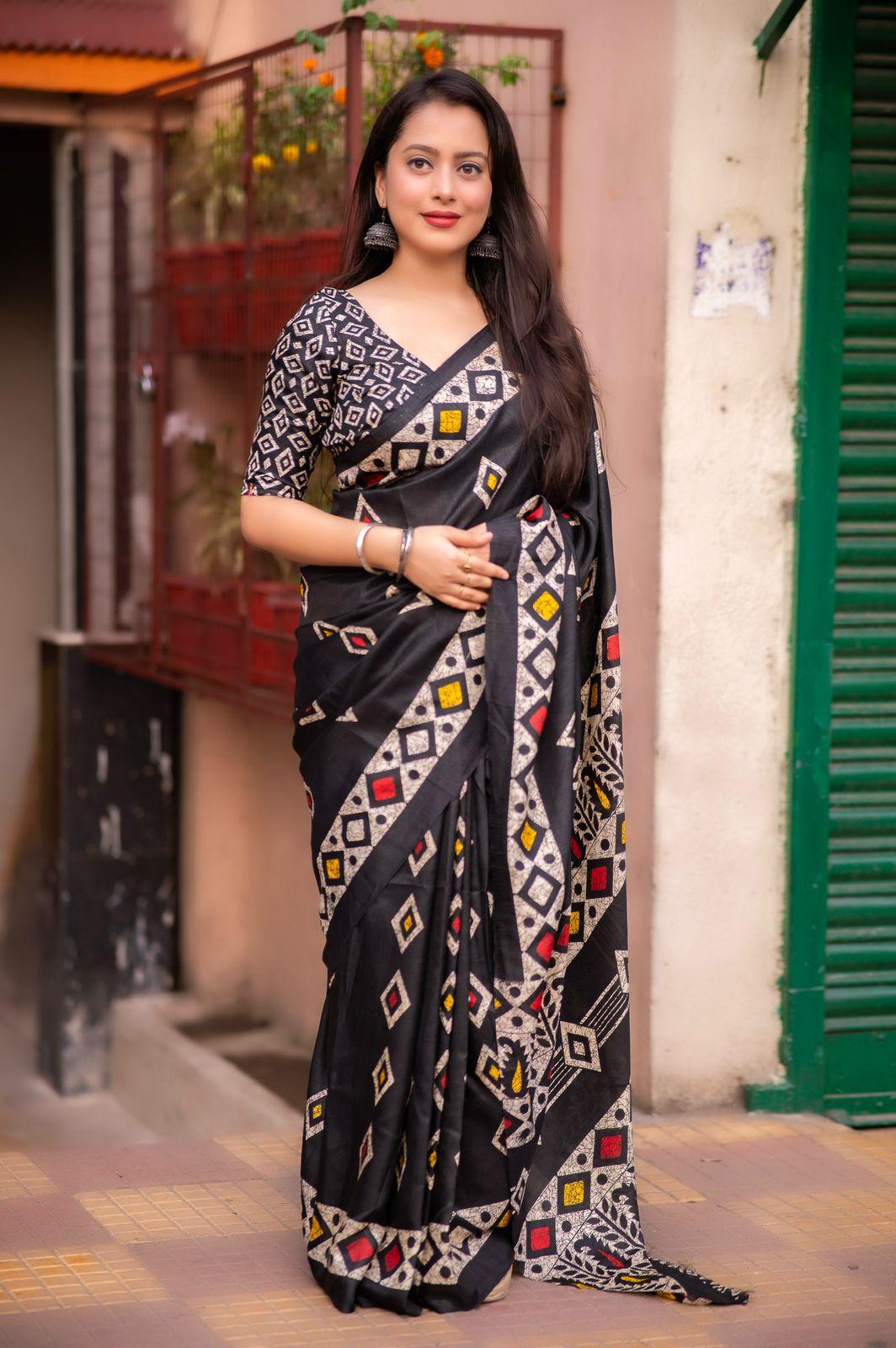 Black Silk Blend Ethnic Motifs Saree with Unstitched Blouse - Hiral Fashion