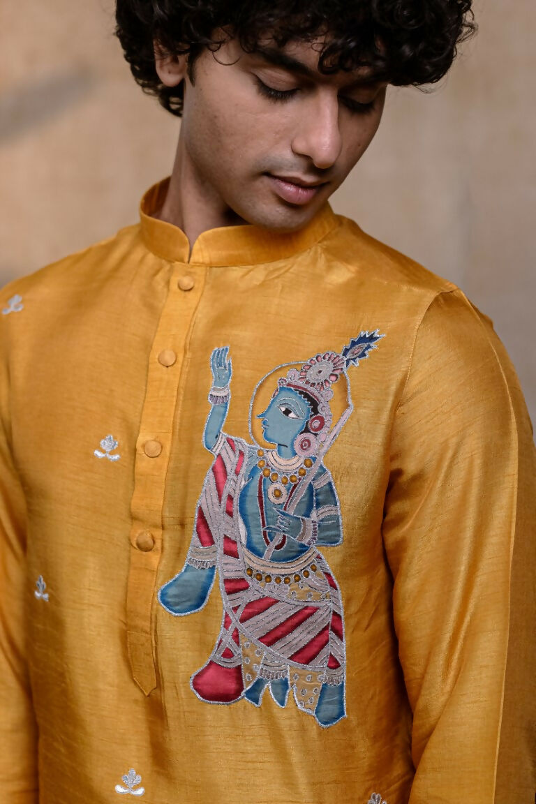 Falling Raw Silk Yellow Mural Krishna By Hilo Design