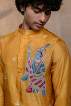 Falling Raw Silk Yellow Mural Krishna By Hilo Design