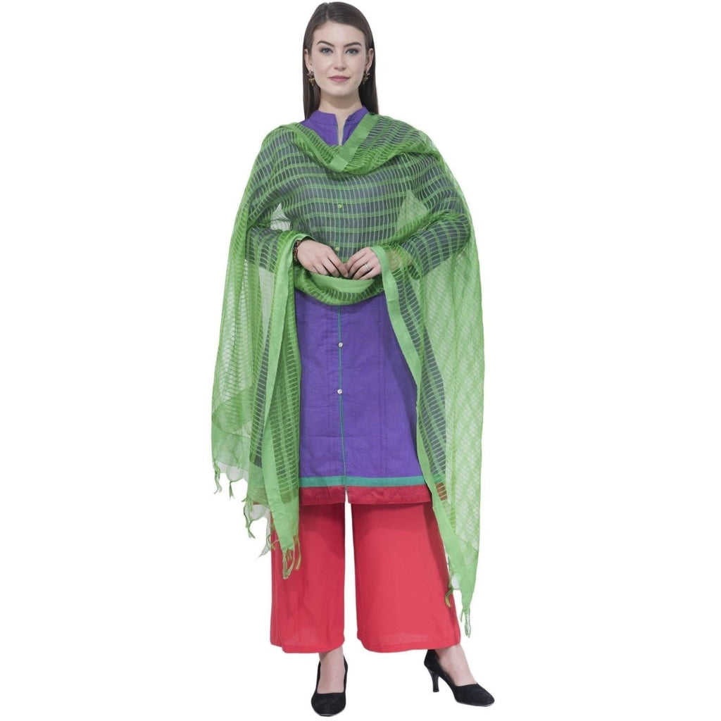 A R Silk Women's Self Check Cota Cotton Parrot Green Dupattas and Chunnis