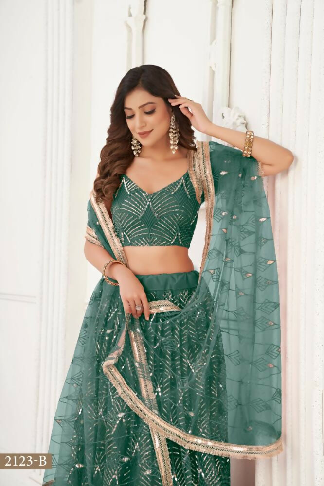 Aastha Fashion Bottle Green Butterfly Net Tone To Tone Thread Work, Sequence Work And Original Mirror Work Embroidery Wedding Wear Lehenga Choli