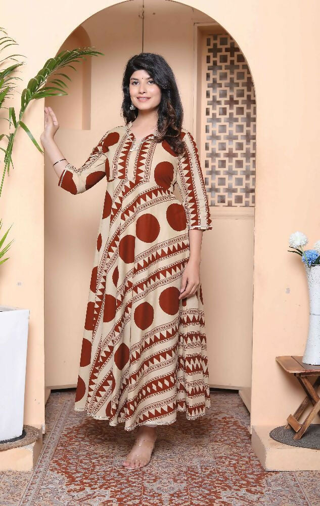 Miravan Womens Brown Printed V-Neck Anarkali Kurta - Distacart