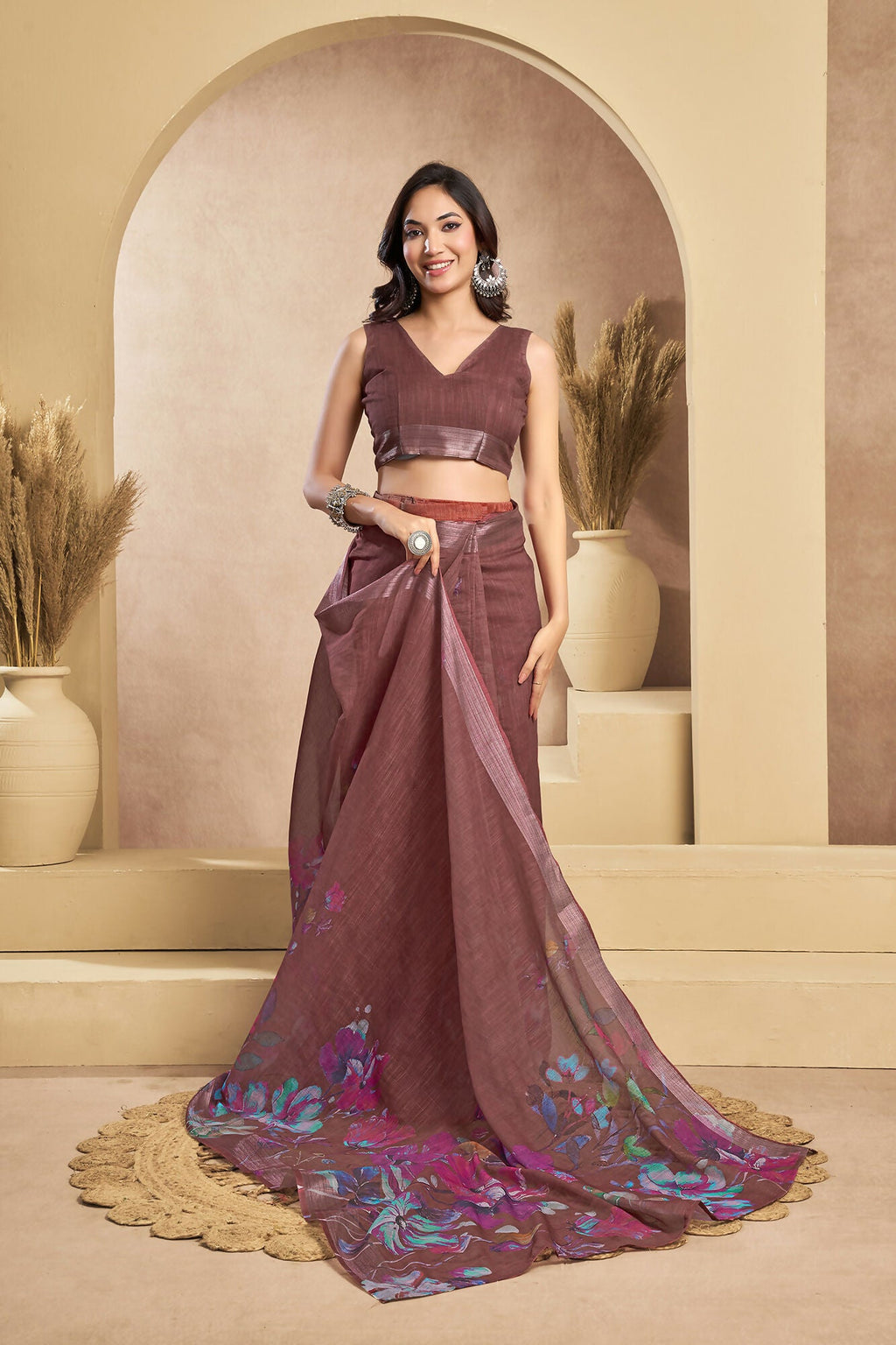 Vastranavya Coffee Digital Printed Linen Ready To Wear Designer Saree with Unstitched Blouse - Distacart