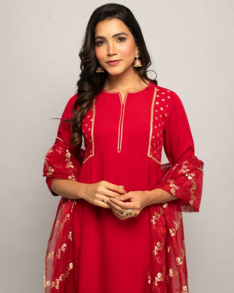 FIORRA Women's Red Creap A-Line Kurta Palazzo Set With Dupatta