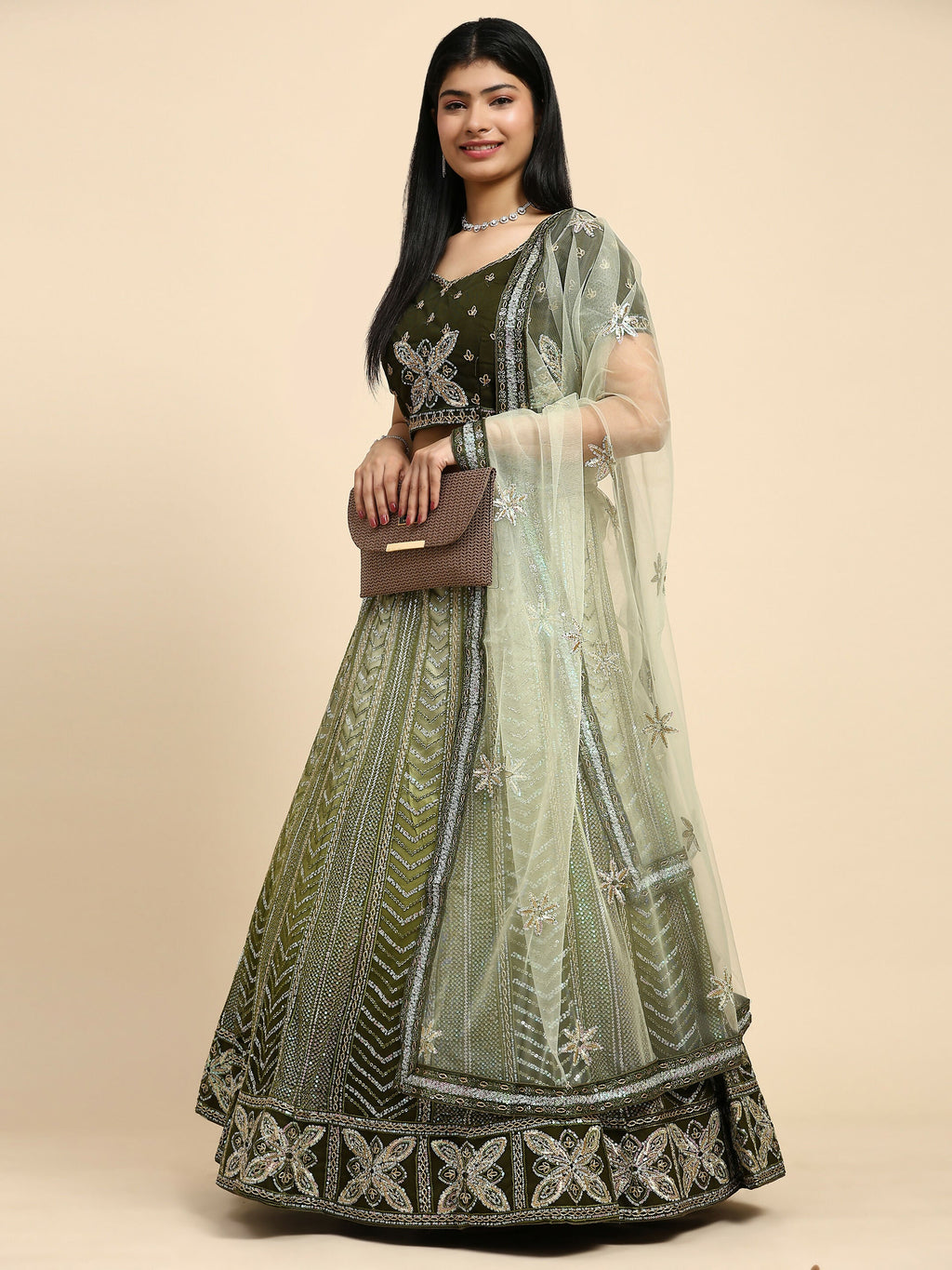 Green Fancy Net Sequence Embroidered Lehenga Choli with Dupatta - Dhara