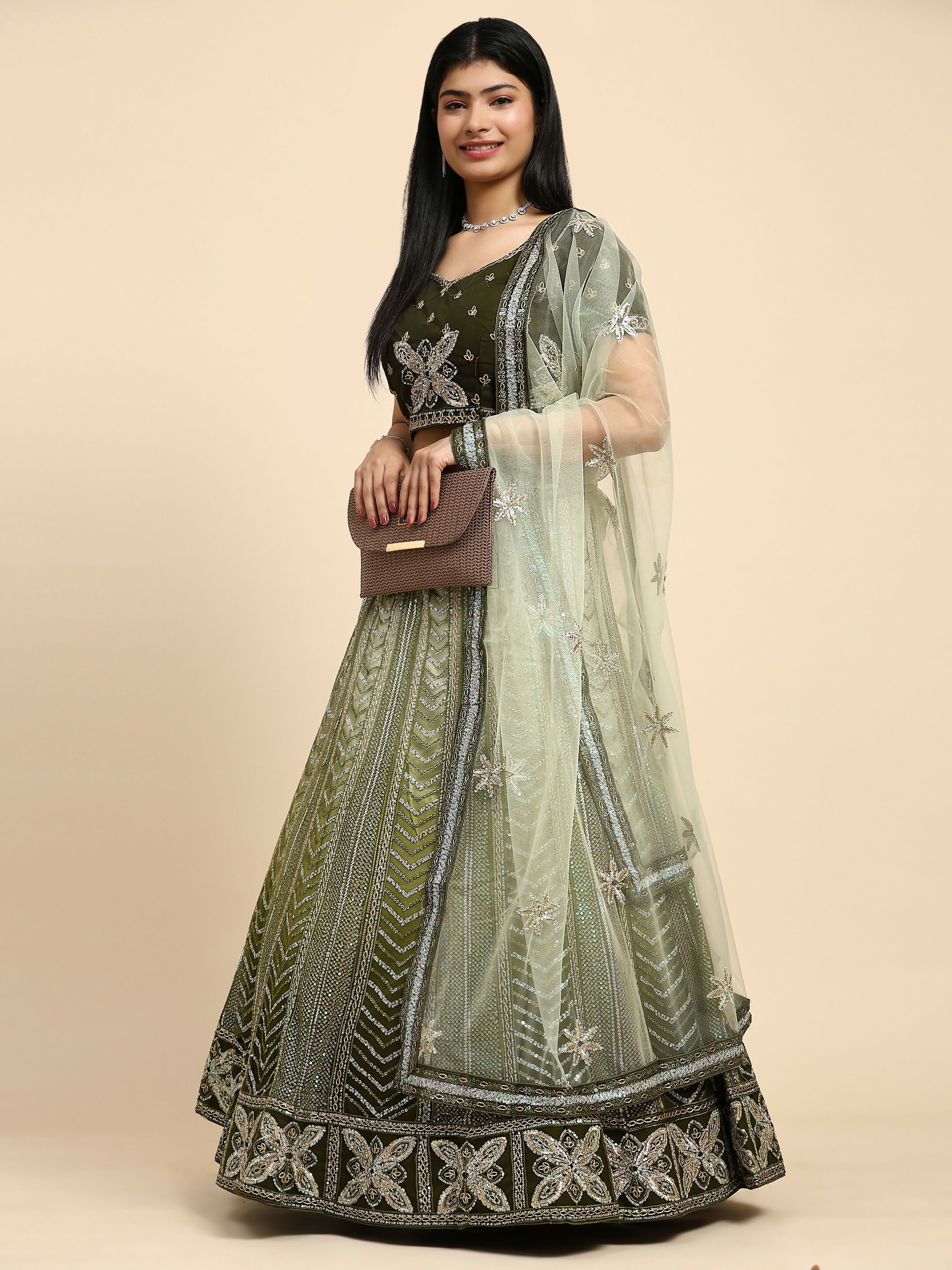 Green Fancy Net Sequence Embroidered Lehenga Choli with Dupatta - Dhara