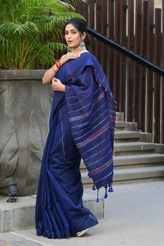 Beatitude Blue Khadi Ghicha Stripes Saree
