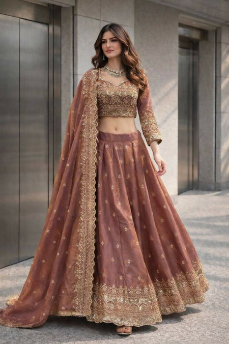 Teeya Creation Onion Color Fendy Satin Heavy Embroidery Work Wedding Wear Stitched Lehenga Choli