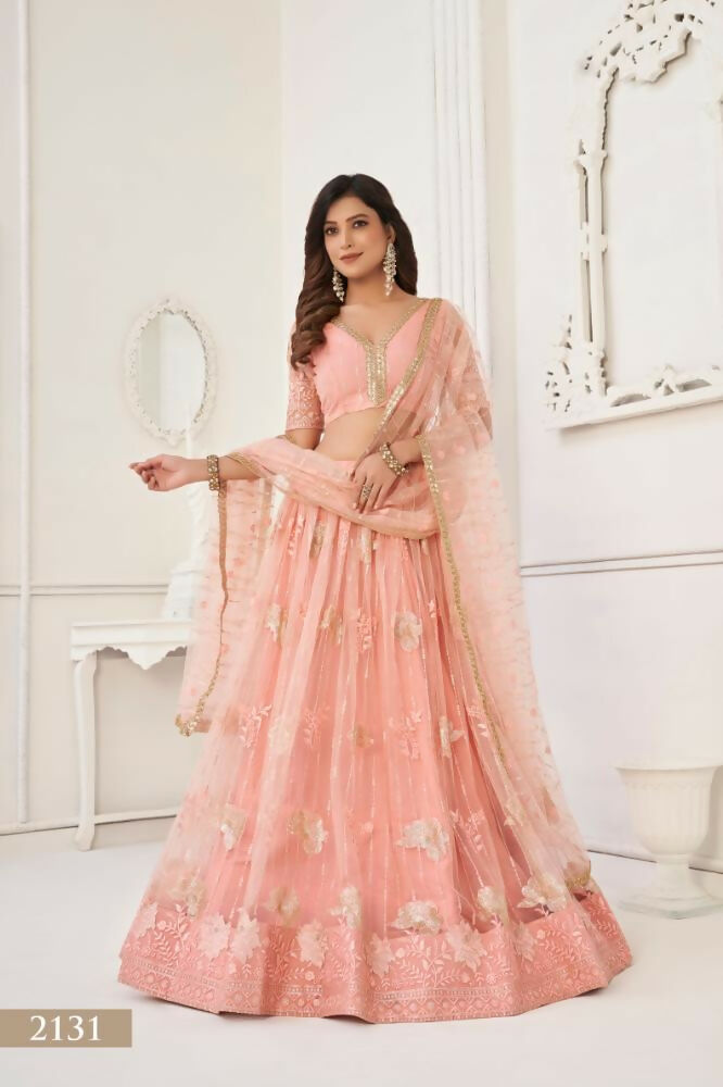 Aastha Fashion Peach Butterfly Net Tone To Tone Thread Work And Sequence Work Embroidery Wedding Wear Lehenga Choli