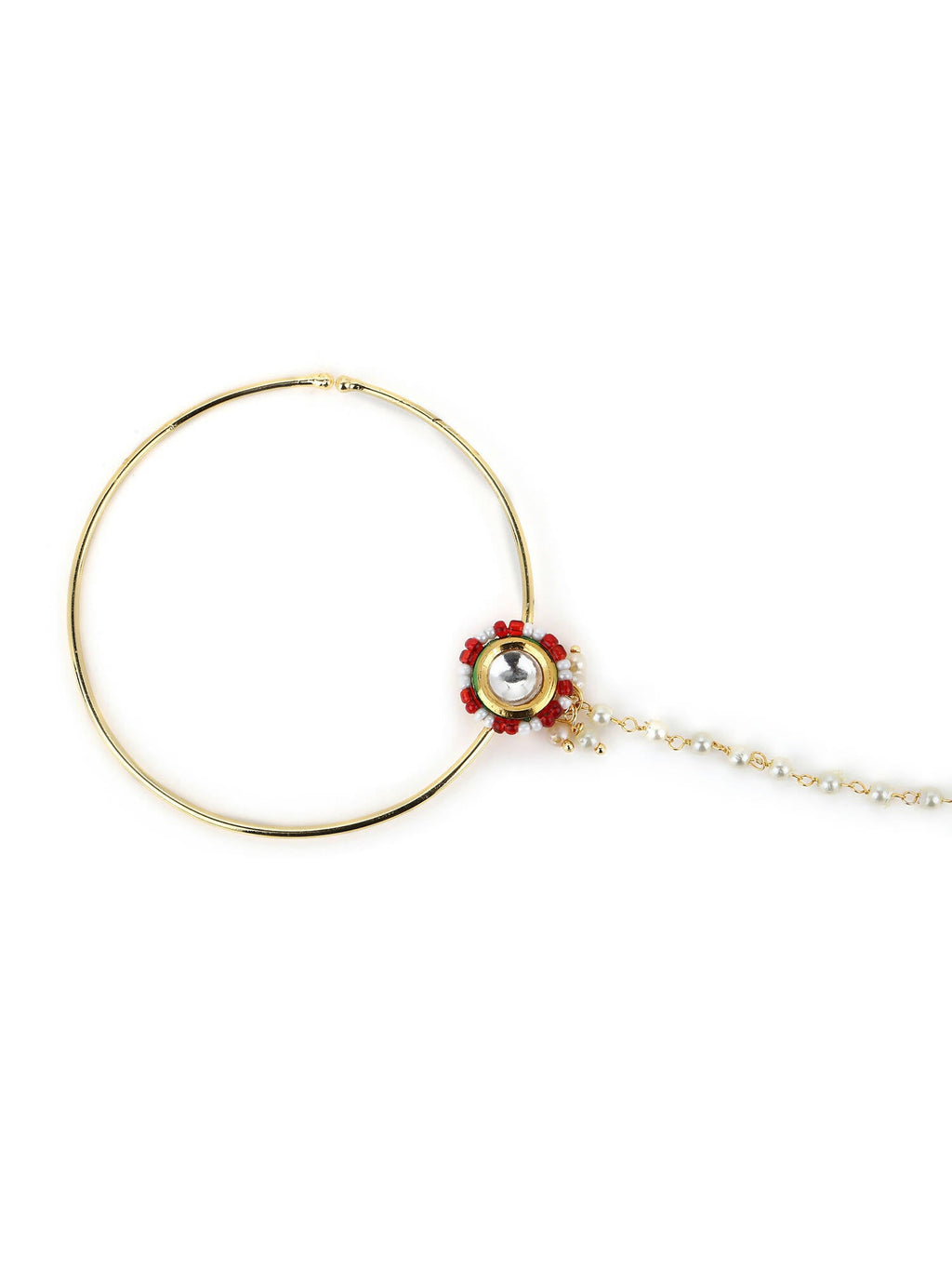 Gold-Pleated Red White Kundan Studded Beaded Chained Nosepin - Ruby Raang - Distacart
