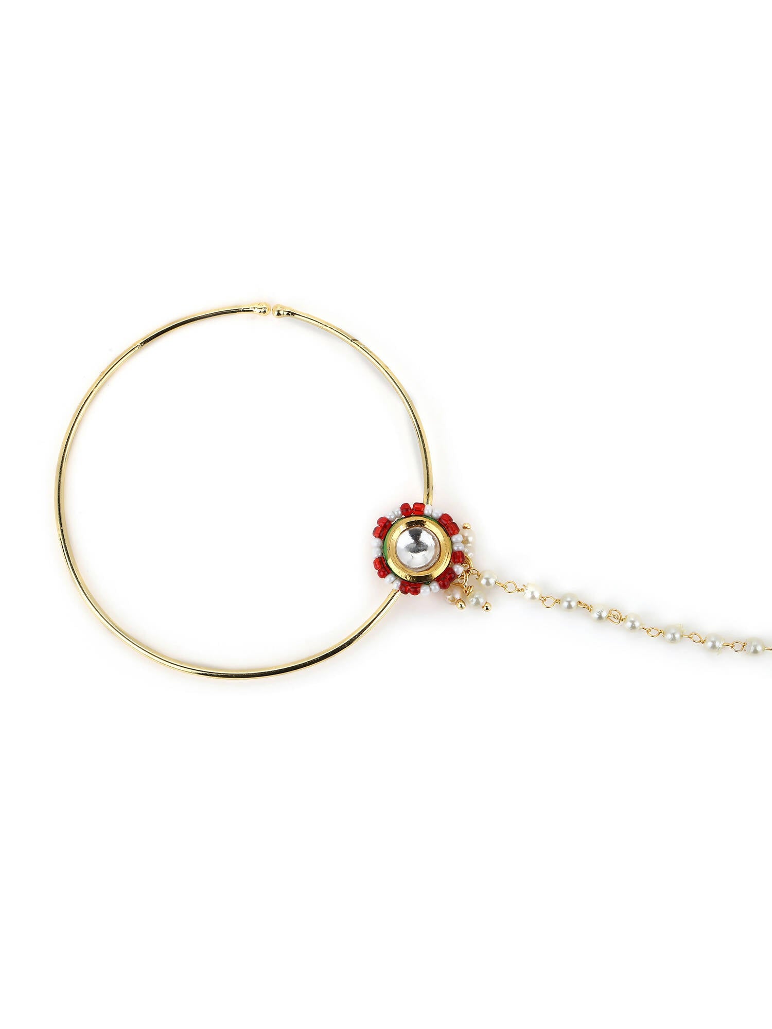 Gold-Pleated Red White Kundan Studded Beaded Chained Nosepin - Ruby Raang - Distacart