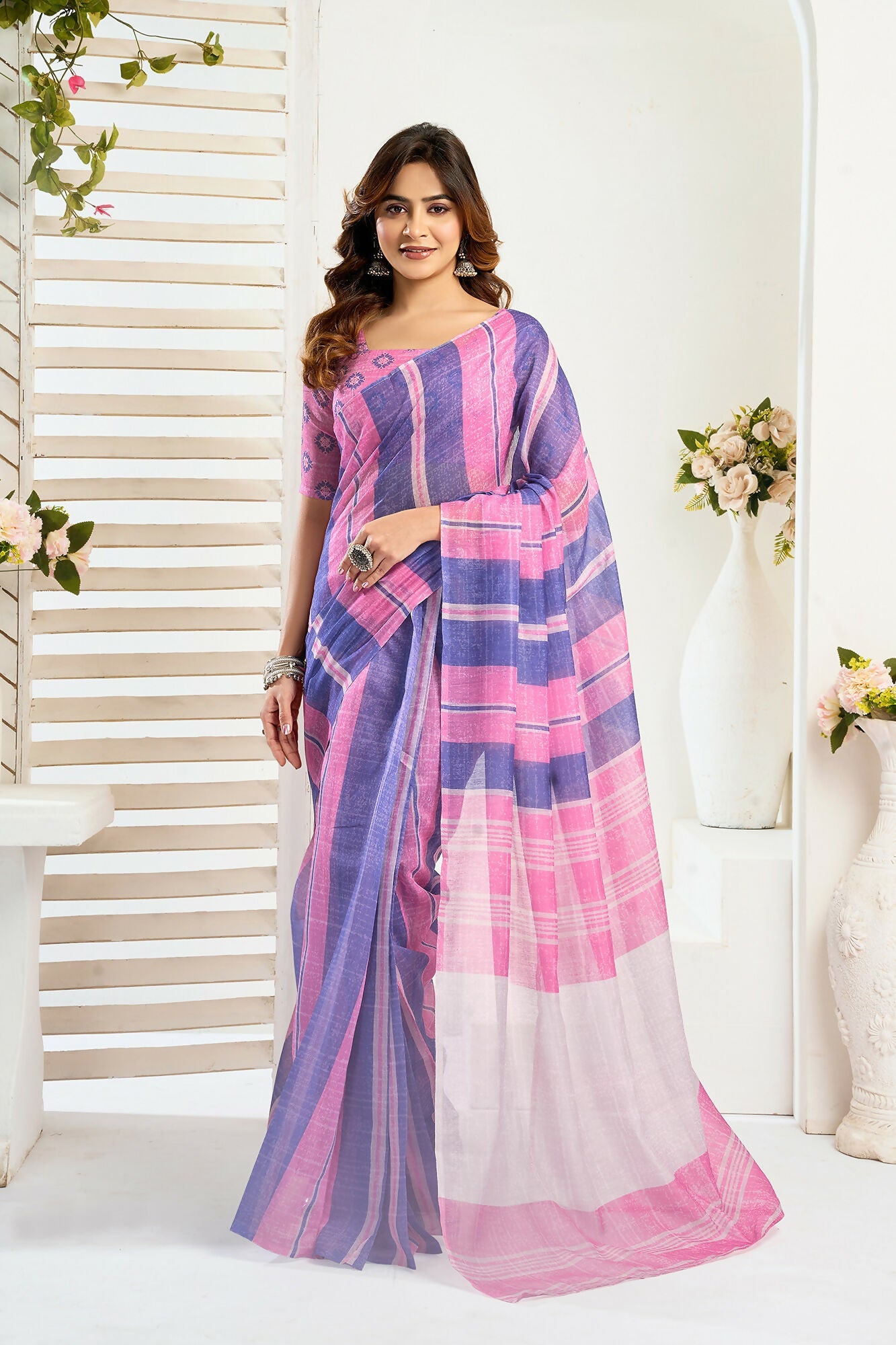 Vastranavya Pink Blue Digital Printed Linen Ready To Wear Designer Saree with Unstitched Blouse - Distacart