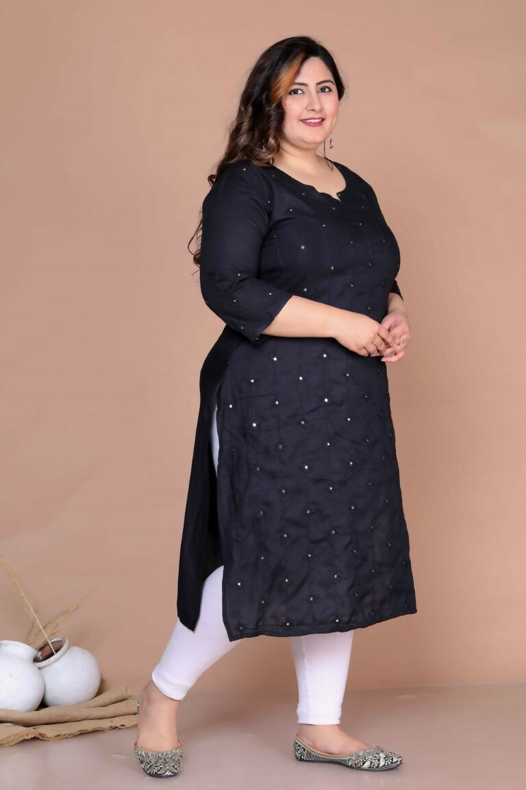 Miravan Women's Plus Size Black Mirror Work Embroidered Pakistani Straight Kurti