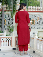 Miravan Women's Embroidered Pure Silk Red Kurta with Palazzo and Dupatta
