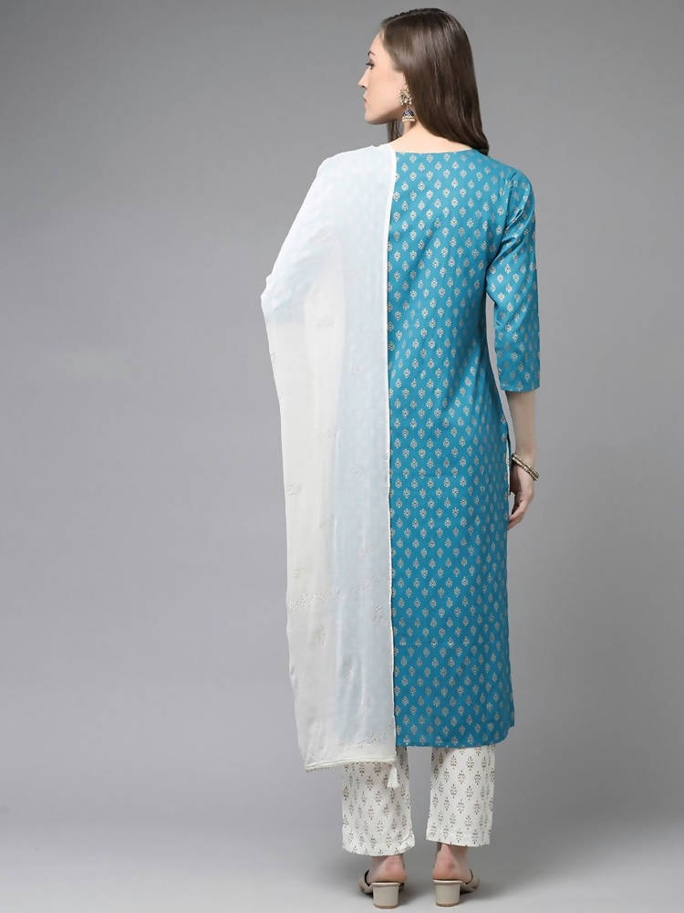 Yufta Women Teal Blue & Off-White Printed Kurta with Trouser & Dupatta