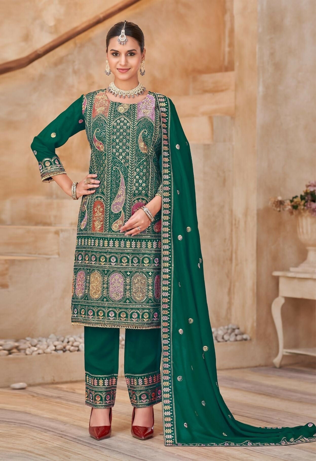 Anaita Green Vichitra Silk Readymade Suit with Embroidery & Lace Work - Distacart