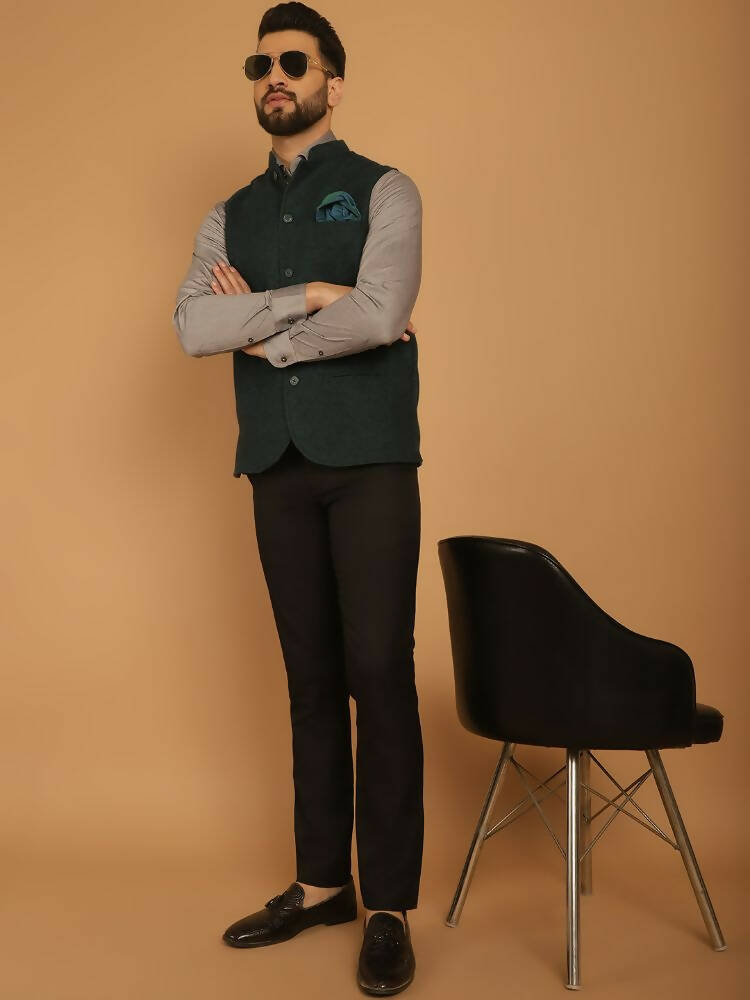 Even Apparels Pure Wool Nehru Jacket - Green