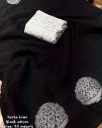 Black Pure Linen Woven Design Saree with Unstitched Blouse - A2M - Distacart