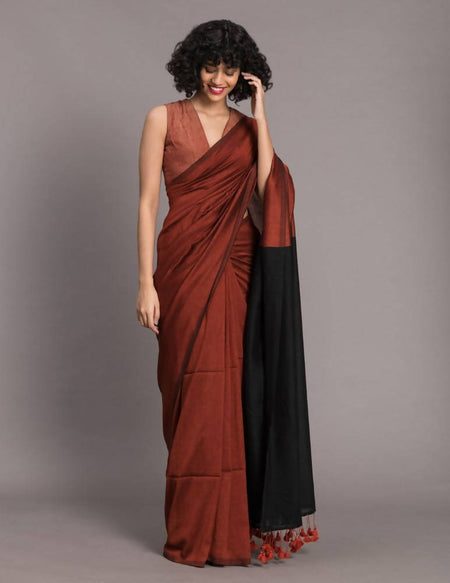 Suta Rust Brown Black Cotton Blend Colourblocked Saree