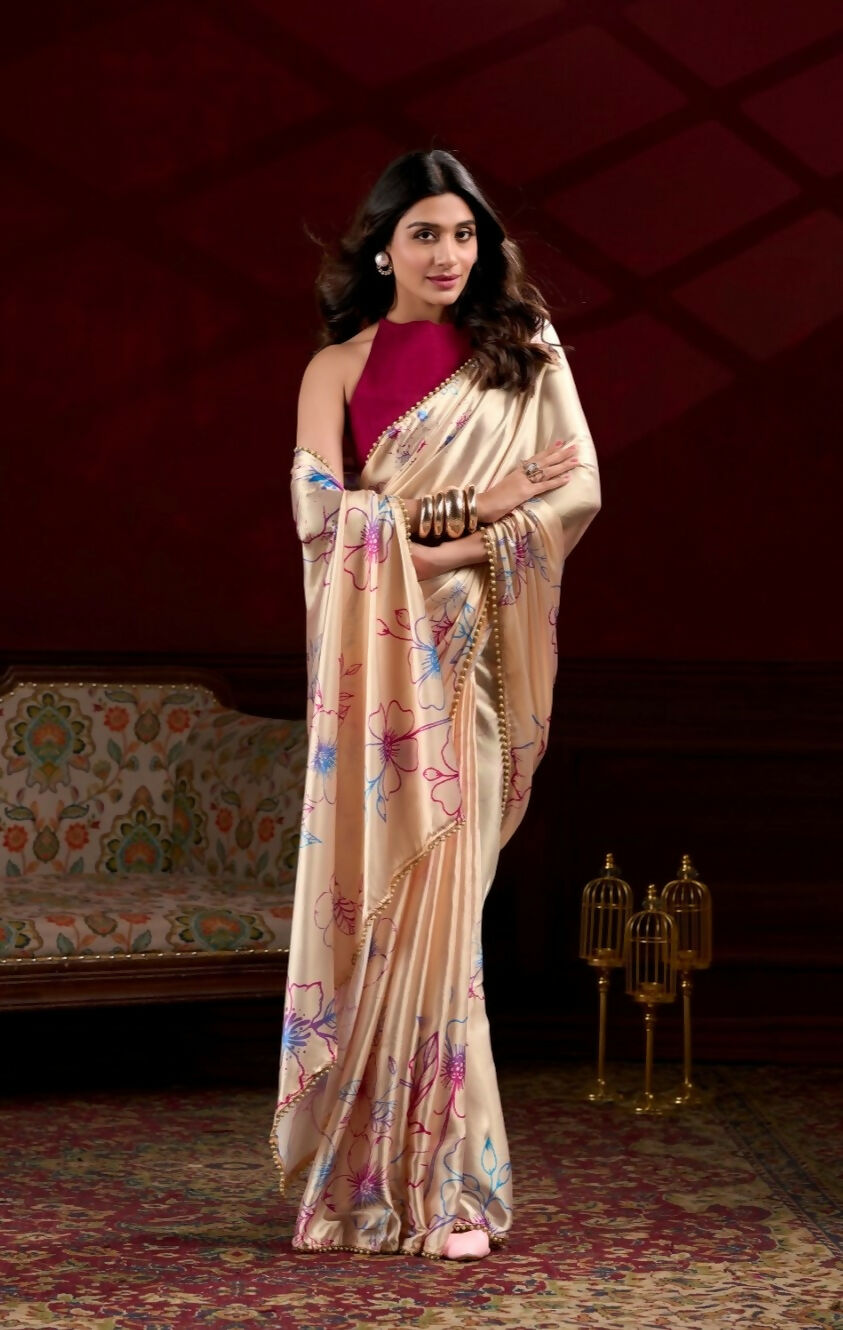 Vastranavya Cream Satin Silk Floral Printed with Pearl Lace Saree with Unstitched Blouse - Distacart