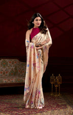 Vastranavya Cream Satin Silk Floral Printed with Pearl Lace Saree with Unstitched Blouse - Distacart