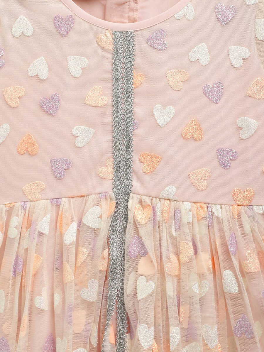 Ahalyaa Pink Net Glitter Print kids Dress For Girls