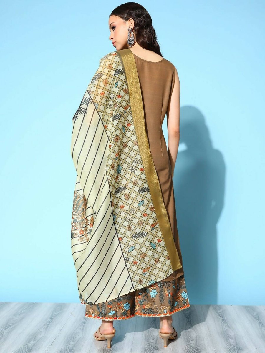 Ahalyaa Women's Brown Colour Cotton Blend Digital Printed Kurta Palazzo Set With Dupatta - Distacart
